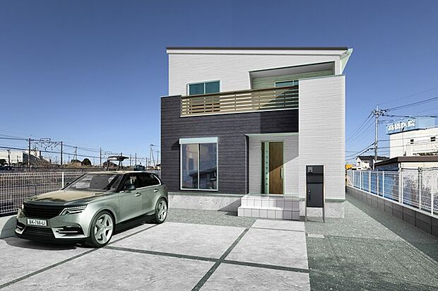 2号棟　外観イメージパース　ナチュラルな質感の石肌デザインホワイトをベースに深みのある濃青色プルシアンカラーとグレーがアクセントになっております。