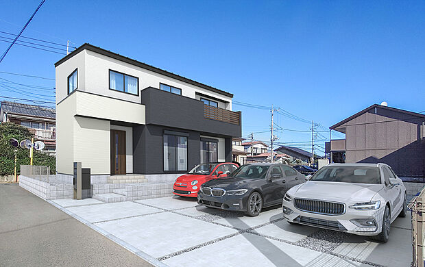 【1号棟:外観完成イメージ】3色の色合いがバランス良く、立体感と奥行きを生み出します。モダンなイメージを保ちつつ、素材感のあるナチュラルな風合いも兼ね備え、長く愛せる外観デザインです。