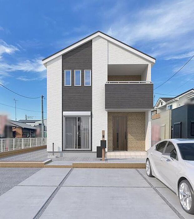 【外観イメージ】明るい白を基調とし、アクセントに木目調の黒で引き締めました。3連窓がアクセントとなっております。正面から見ると三角の屋根が、シンプルで目を惹くデザイン。