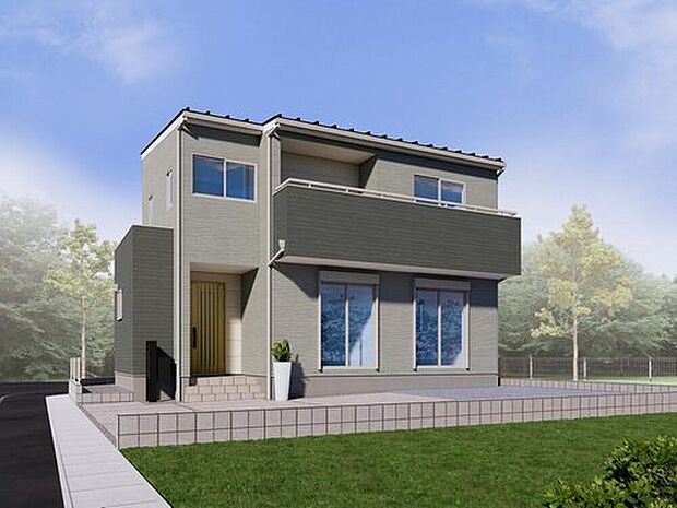 【1号棟 外観パース】使われている屋根材は一般的な平板瓦の30%・化粧スレート系屋根材の60%と軽く、地震時の建物にかかる負担を抑えます!幅広い世代に愛されるシンプルな外観です!(※完成イメージ画像)