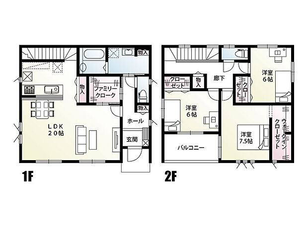 奥行きのあるホールでお出迎え、リビングは20帖と明るく広い家族憩いの空間になっております。1階のファミリークロークは収納量◎主寝室のWICも約3帖!インナーバルコニーも嬉しいですね。