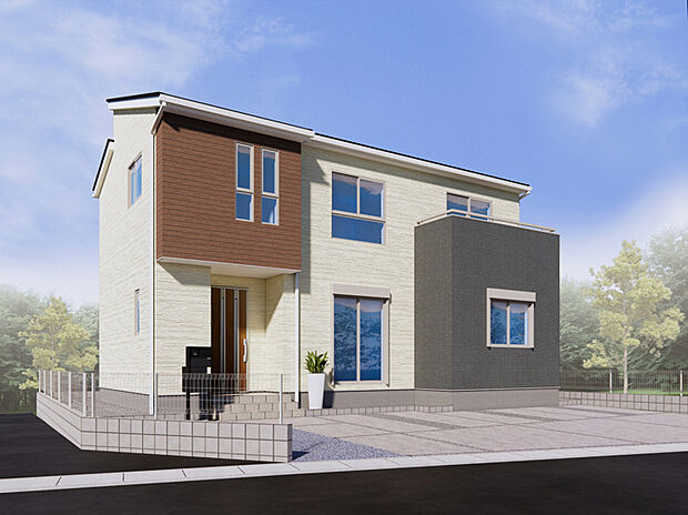 【1号棟 外観パース】
ナチュラルな色合いで落ち着いた雰囲気の一邸。
外壁材に石綿(アスベスト)は一切使用されていません。住む人にも建築現場の人にも環境にもやさしい外壁材です。(※完成イメージ画像)