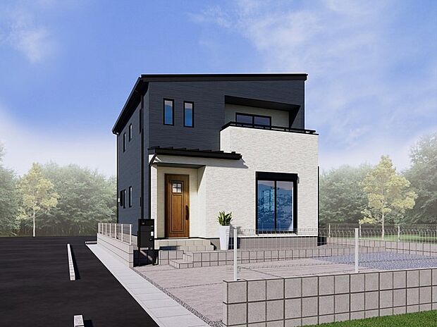 【1号棟 外観完成イメージ】ネイビーとアイボリーのモノトーン2色を基調とした外観です!スッキリしたスタイリッシュさを持つ、お洒落な建物デザインに設計しました!