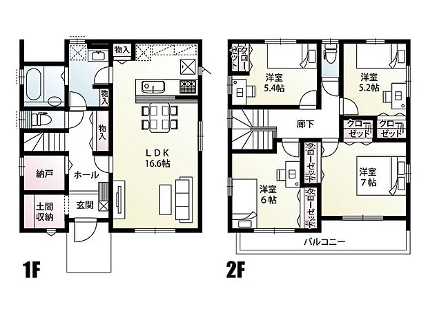 16.6帖のLDKと2階に4室の間取りです。土間収納をはじめ納戸は1.7帖!1階共用物入、キッチンや洗面室にも収納スペース!無駄のない間取りとなっています。