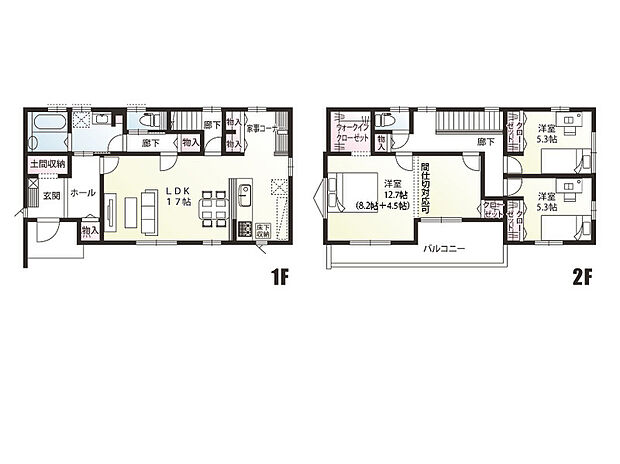 【3LDK】2階は間仕切りを用いて4部屋にすることが可能です。4人家族でも、ご家族一人一人がお部屋をご利用いただけます。