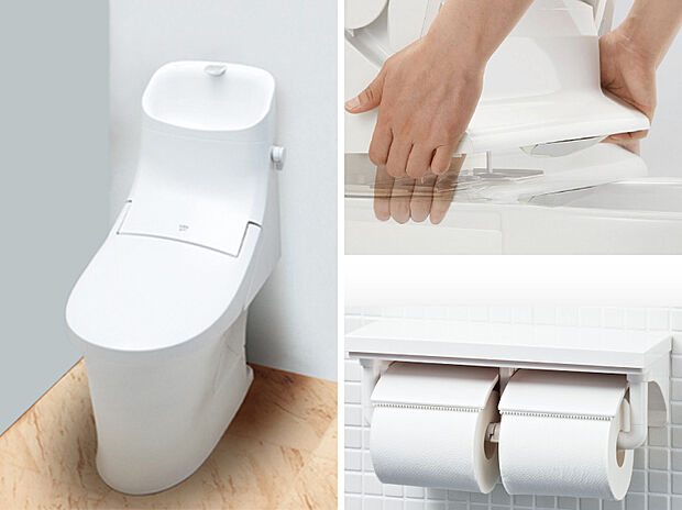 【ベーシアシャワートイレ（LIXIL）】■フチレス形状やお掃除リフトアップ機能などお手入れのしやすさが特徴。壁設置型のリモコンと２連紙巻き器が備え付けとなっている超節水タイプのシャワートイレです。
