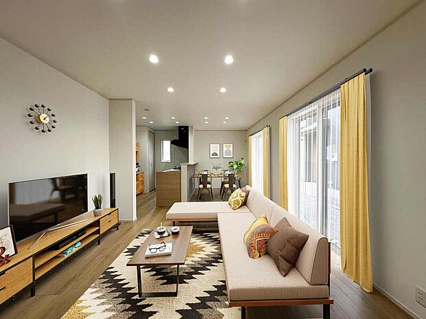 【1号棟 リビングダイニングルーム】18.2帖のリビングダイニンはゆったり、畳コーナーもあってお子さんの宿題やお昼寝タイムにも便利に使えます。※画像は実際の内観写真に家具をCG合成したものです。実際の物件に家具は配置されておりません。