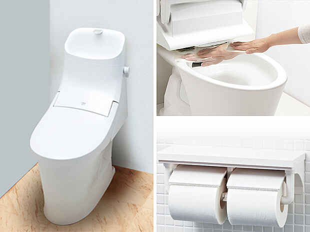 【【設備画像:ベーシアシャワートイレ(LIXIL)】】フチレス形状やお掃除リフトアップ機能などお手入れのしやすさが特徴。壁設置型のリモコンと2連紙巻き器が備え付けとなっている超節水タイプのシャワートイレです。