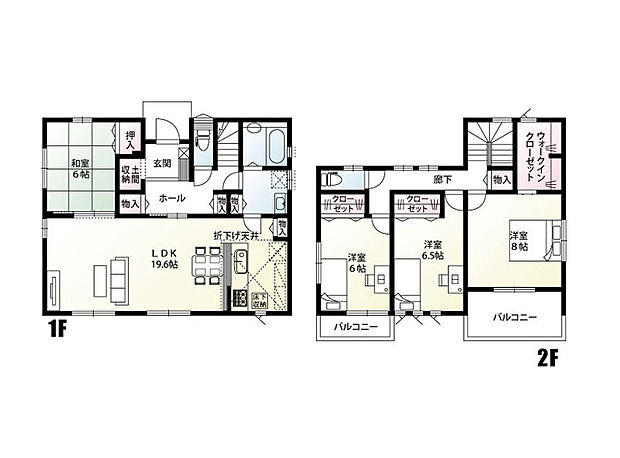 【4LDK】横長のリビングは19.6帖！家具を置いてもゆとりのある広さです。
窓も大きく、お庭で遊んでいるご家族を見守れます！
水回りを近くに配置した家事ラク動線の間取りです♪