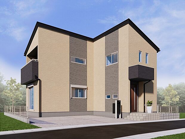 【2号棟　外観完成イメージ】温かみのあるクリームの外壁にグレーの縦ラインを入れたナチュラルモダンな外観です。