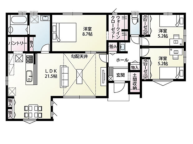 【3LDK】移動がスムーズな平屋プラン!食品ストックや調理家電などの収納に役立つパントリーがあります!