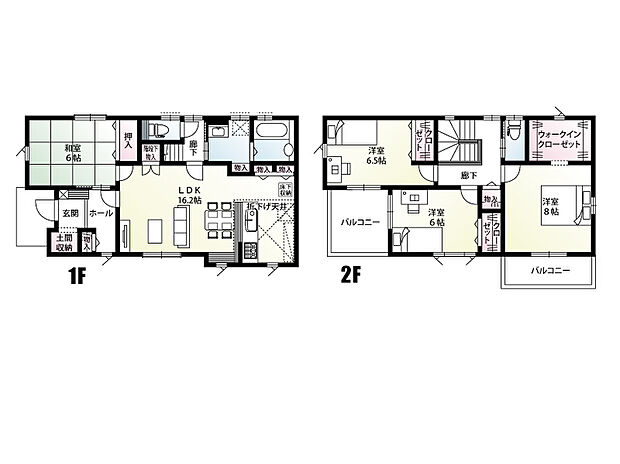 【4LDK】土間収納をはじめとして2階WICは3.0帖！キッチンにはパントリー、洗面室のスペースにも収納があります！さらに階段下や家族の共有収納も！無駄のない間取りです！