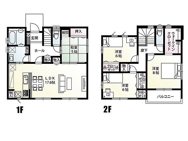 【4LDK】水回りをまとめて配置した家事効率の良い間取りです！
2階は全室6帖以上と、ゆとりのあるプライベート空間を確保できます。
南向きのバルコニーでお洗濯物も良く乾きますね♪

