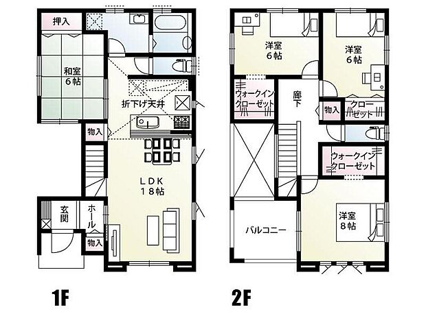 【4LDK】家具を置いてもゆとりのある、18帖のLDKです。キッチン上部の折下げ天井、リビング階段を採用しています！ウォークインクローゼットも2ヶ所設置！まるで注文住宅のような間取りに仕上がっております！