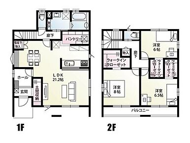 約2.2帖のパントリーがある3LDK。リビングも21.2帖と広々。ダイニング横には、宿題やアイロンがけなどできるカウンターを設置。２階３部屋ウォークインクローゼット採用した、収納豊富な間取りです！ 