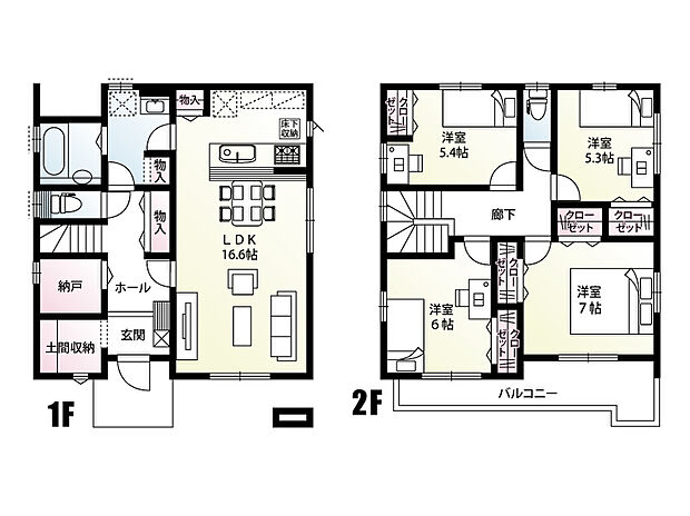 【4LDK+S(納戸)】土間収納や納戸をはじめ、収納充実!LDKと水回りがまとまった家事のしやすい間取りとなっております。