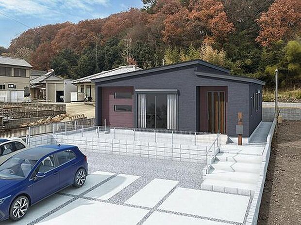 【【3号棟 完成イメージ】】ブラックの外壁をベースにココア色の外壁を張り分けたスタイリッシュなデザインの平屋建てとなっております。※この画像は実際の現地の写真にCG合成したものです。