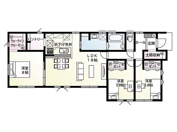 【3LDK】３LDK平屋建て！土間収納をはじめ各部屋クローゼット、WIC2.0帖、洗面室収納、キッチン横パントリー2.0帖！収納がとても豊富なプランで全室南向きです。