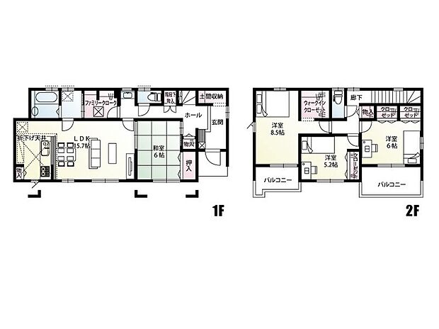【4LDK】洗面台と脱衣所を分けた間取りです。脱衣所には洗濯機が置け、その隣にファミリークロークをプランニングしたので、洗い上がったものの整理がすぐに出来ます。バルコニー2ヵ所!各居室収納+パントリー+ファミリークロークと収納豊富!