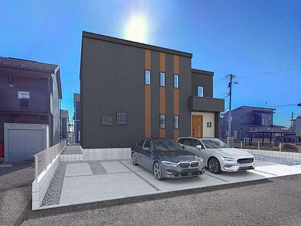 【【2号棟:外観完成イメージ】】外観全体はブラックを採用し、重厚感と洗練された印象を演出。
縦に走るブラウンのラインがほどよいアクセント。
スタイリッシュでデザイン性を兼ね備えた外観です。