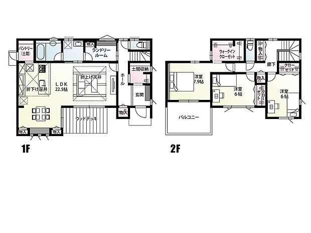 【3LDK】土間収納やパントリー、約3帖のウォークインクローゼットのある収納豊富な3LDKの間取りとなっております。
カウンター付きのランドリールームは、洗濯物を畳んだりアイロンをかけたりと、家事効率を考えた使い勝手の良い空間。
リビングから出入りできるウッドデッキは、室内と外をゆるやかにつなぐ心地よい場所です♪
