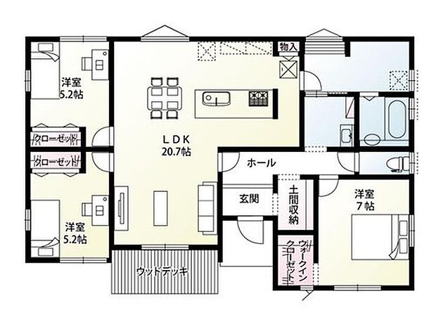 【3LDK】広々とした20.7帖のLDKのある平屋3LDKの間取りです!リビングから出入り可能なウッドデッキが、外と内をゆるやかにつなぎ、心地よい風や光が室内に入ります!土間収納・ウォークインクローゼットなど、収納豊富!