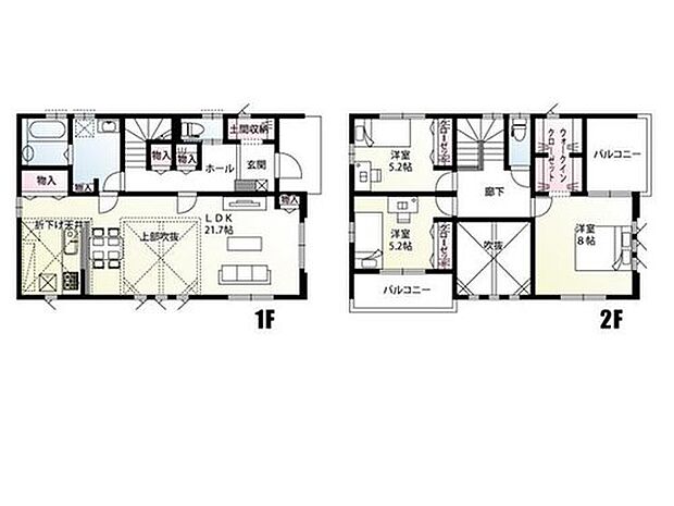 【3LDK】日差しがふんだんに差し込むリビングは21.7帖。上部吹抜けになっているので、さらに開放感のある家族の憩いの場となっております。土間収納やウォークインクローゼットなど収納豊富!洗面脱衣室は、ホールからもLDKからも出入り可能で、家事動線のスムーズな間取り!