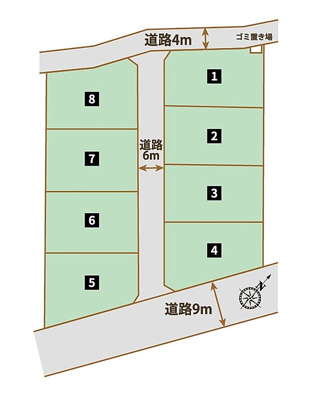 【【全体区画図】】市街地が近い、閑静な住宅地に立地する、全8区画の分譲地です!陽当たり通風良好で、快適な暮らしを叶えます!