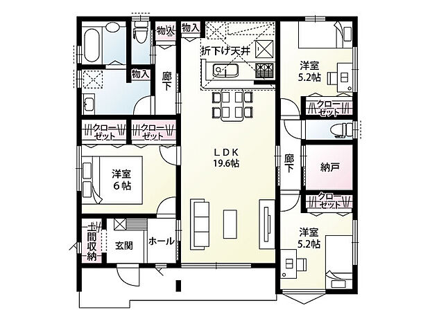 【3LDK＋1S(納戸)】納戸や土間収納、パントリーを設けた収納豊富な平屋です！
LDKは19.6帖と家具を置いてもゆとりのある広さ◎
リビングの窓からつながるテラスは、アウトドアリビングとして開放的なひとときを過ごせます♪