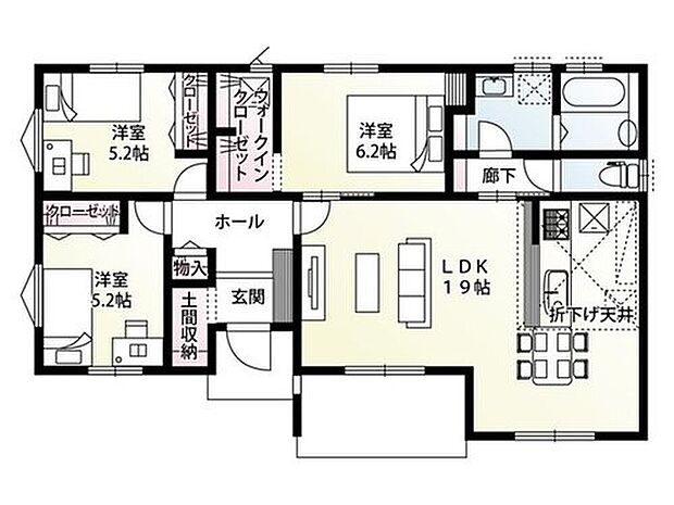 【3LDK】19.0帖の広いLDKがある、平屋建ての一邸。いつでも家族の気配を感じながら生活することができる間取りです。大容量のウォークインクローゼットや土間収納など、収納豊富な間取りです。