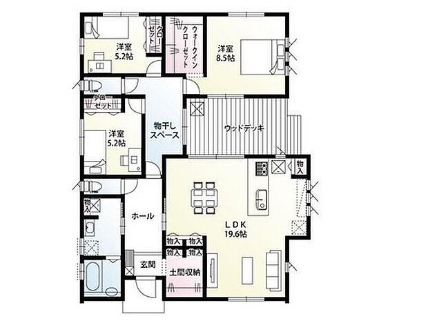 【3LDK】LDK19.6帖とウッドデッキを中心に収納の多いプランを採用。物干しスペースもあるので、雨の日も安心して洗濯物を干せます。
