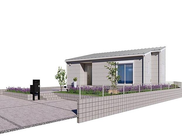 【【3号棟　完成イメージ】】庭付きの平屋戸建！ホワイトにライトグレー×シルバーグレーの外壁を合わせたシンプルで明るい印象の外観デザインになっております♪車2台駐車可能！※太陽光発電システム搭載物件。