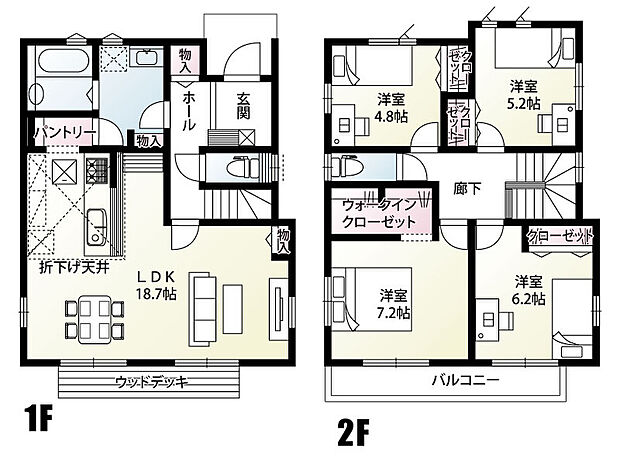 【4LDK】玄関からすぐの場所に洗面室があり、外からの汚れを室内に持ち込みにくい帰宅動線の優れた間取りです！
18.7帖のLDKは家具を置いてもゆとりのある広さ。パントリーやウォークインクローゼット、各所に物入など豊富な収納も魅力です◎
2階に4部屋を配置し、ご家族それぞれのプライベート空間をしっかり確保できます♪