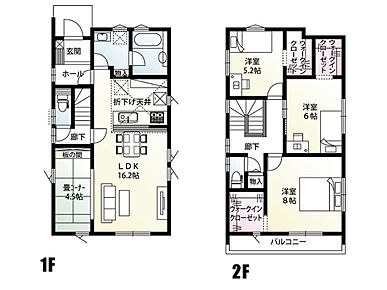 2階全室ウォークインクローゼット付きで、居住空間を有効活用できる間取りです♪
LDKは畳コーナーを合わせると20帖越え！家族でゆったりとくつろげます。
家族が自然と顔を合わせ、コミュニケーションを育むリビングアクセス階段採用◎ 