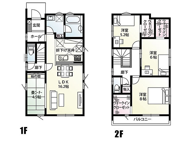【3LDK】2階全室ウォークインクローゼット付きで、居住空間を有効活用できる間取りです♪
LDKは畳コーナーを合わせると20帖越え!家族でゆったりとくつろげます。
家族が自然と顔を合わせ、コミュニケーションを育むリビングアクセス階段採用◎