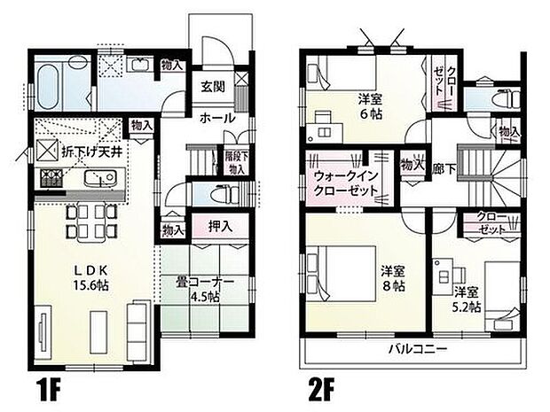 【3LDK】リビングに開放感が広がる畳コーナー付きの間取りです！2階寝室には大容量のウォークインクローゼット、各所に収納を設けすっきりとした暮らしが叶います。