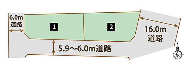 【【全体区画図】】ゆとりある道幅の道路に面し、日当たりの良さと開放感を同時に享受できる立地です。