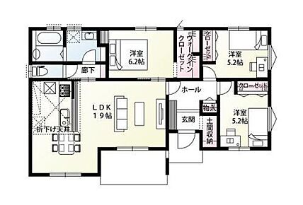 19帖の広々としたLDKがある、3LDKの平屋住宅です。土間収納やウォークインクローゼットなど、各所に収納が設けられ、必要な場所で物がすっきりと収まります。 