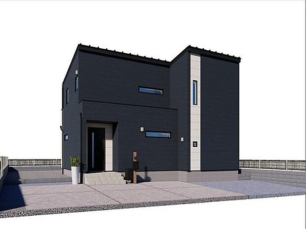 【【2号棟 建物外観イメージパース】】土地70坪!並列駐車5台可能なスペースと、お庭も確保しております。広々とした敷地ならではの、のびやかな暮らしを叶えます♪