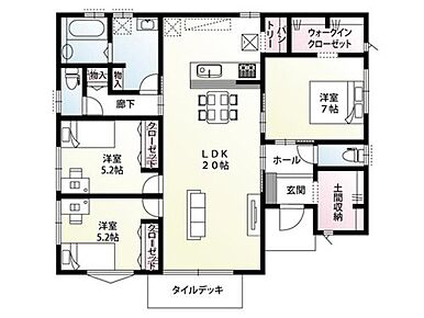開放感あふれる20帖の大空間LDKと、リビングから繋がるタイルデッキが魅力。家族が集い、明るい光を感じながら心地よく過ごせる平屋の間取りです。 