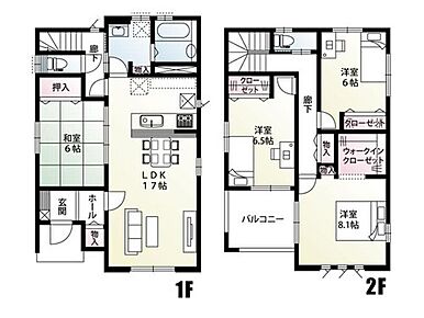 17帖のLDKを中心に、1階に和室、2階に3部屋の洋室を配置。ウォークインクローゼットや各所収納も充実し、家族が快適に暮らせる使い勝手の良い間取りです。 
