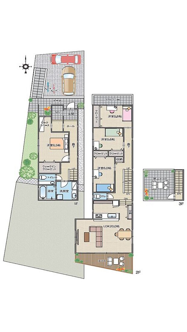 【A号地】●土地面積178.22m2(53.91坪)●建物/床面積127.63m2(38.60坪)
建物価格3080万円(税込み)外構費135万円(税込み)