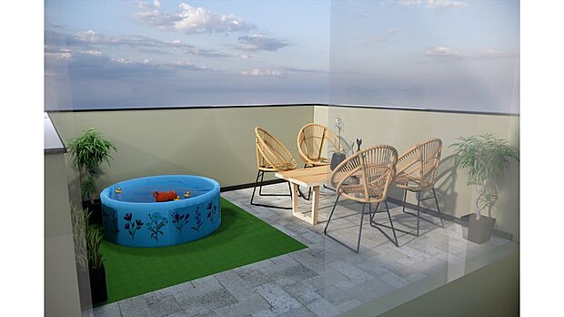 【A号地 屋上バルコニー】●思わず外で過ごしたくなる屋上テラス8帖●眺望を楽しみながらお茶カフェ、BBQ,お子様のプール遊びに最適です
●人工芝・テラコッタタイル貼り(照明・防水コンセント・水道設備有)