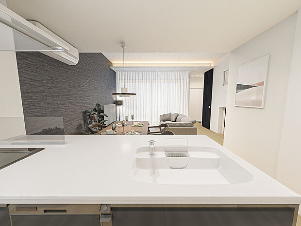 【キッチンから眺めたLDK】キッチンから眺めたLDKご家族とのコミュニケーションが自然と生まれる空間※家具やインテリア小物等は、販売価格に含まれておりません。完成イメージであり、実際に完成する仕様とは異なる場合があります。