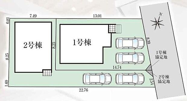 ☆全体区画図☆
カースペース２台可能です。
住環境良好な人気の低層住居専用地域に立地しております。守られた環境は、お子様との暮らしにもおすすめです。