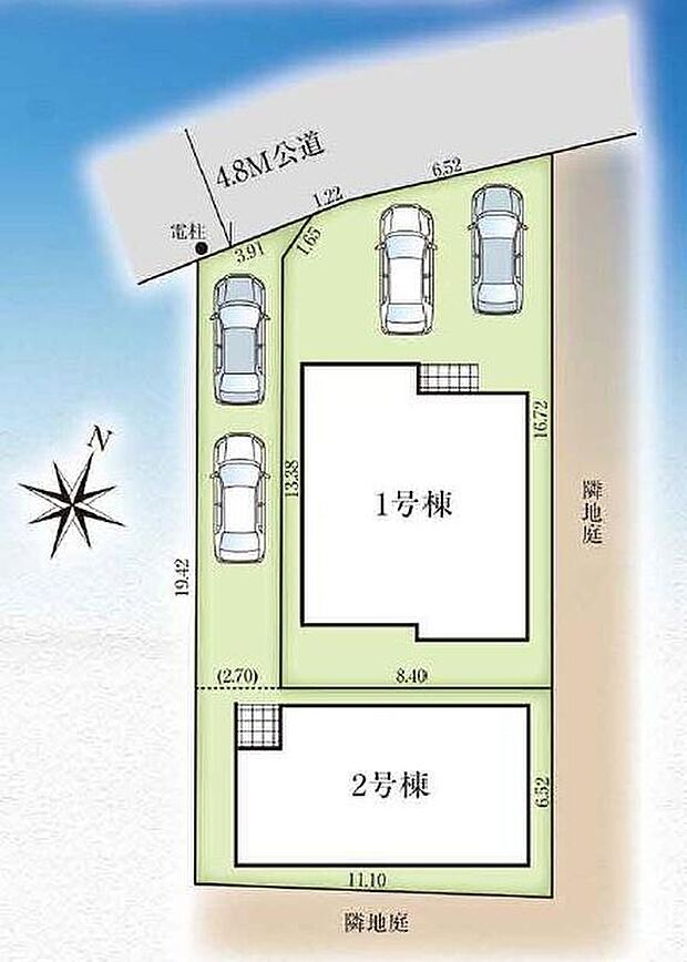 ☆全体区画図☆
カースペース2台ございます。
南側&東側が隣地の庭のため陽当りも良く、開放感がございます。