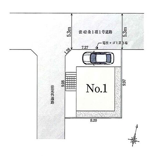 ☆全体区画図☆
開放感ある角地のお住まい♪
敷地内に駐車スペース完備！