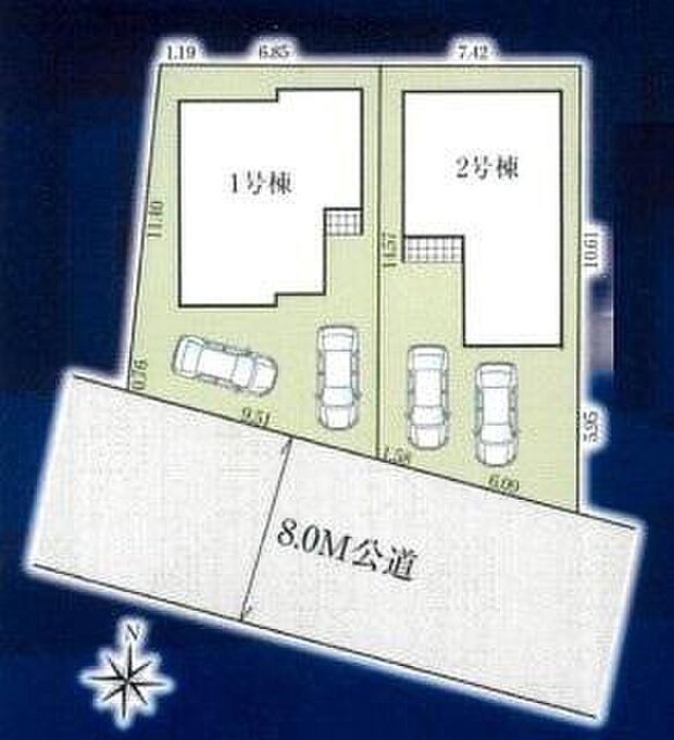 ☆全体区画図☆
陽当り良好な南８ｍ公道に面した敷地３５坪のゆとりある２邸。車２台駐車可♪