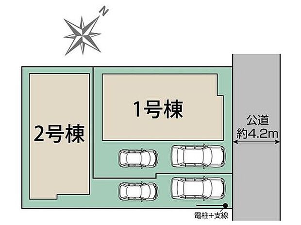 【全体区画図】カースペース２台可能です。
落ち着いた住環境で心安らぐ低層住宅地。周辺に高い建物が無く、空が広く大きく感じられます。