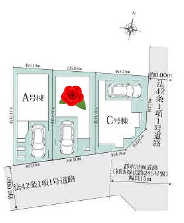 【☆全体区画図☆】ビルトイン車庫ございます。
南面道路接道のため資産価値も高まります♪
前面道路広々6ｍ！車庫入れが苦手な方でもスイスイ楽々♪